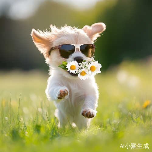 小狗戴墨镜叼鲜花在草丛中奔跑