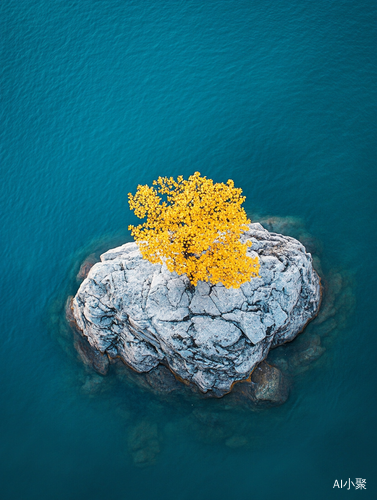 青绿色水域中的黄树与岩石悬崖的极简风景