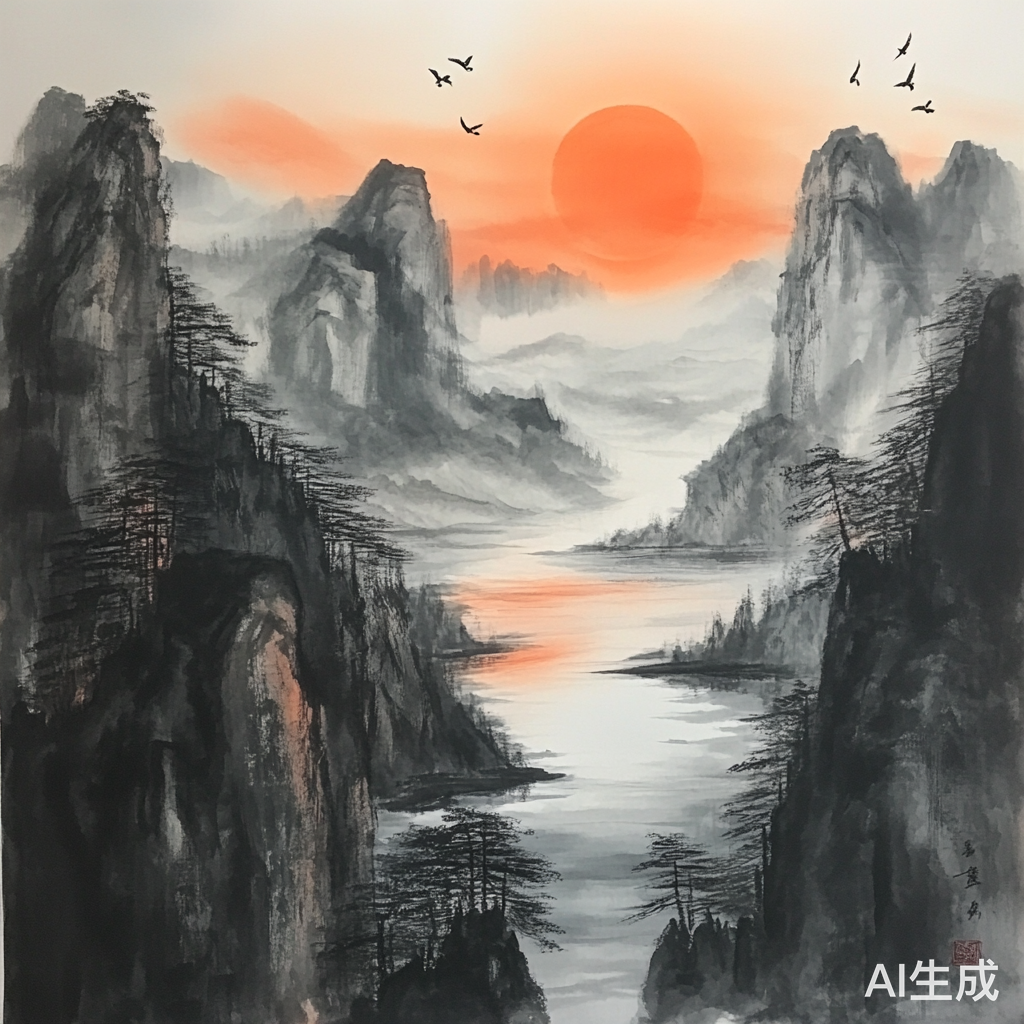 山河落日黄昏江湖的美丽景象