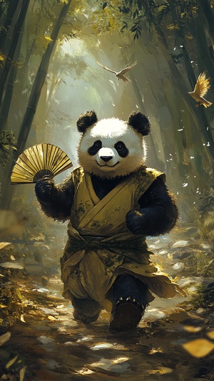 华丽马褂大熊猫悠闲竹林漫步展现幸福