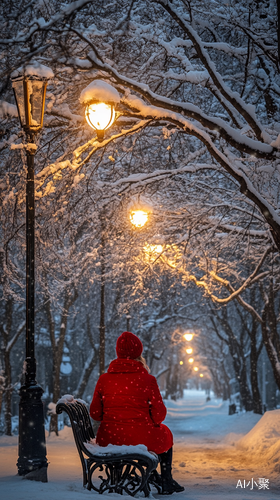 静谧雪夜中的红色身影与温暖光芒