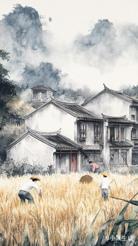 徽派建筑群与农民在麦田劳作的和谐风景