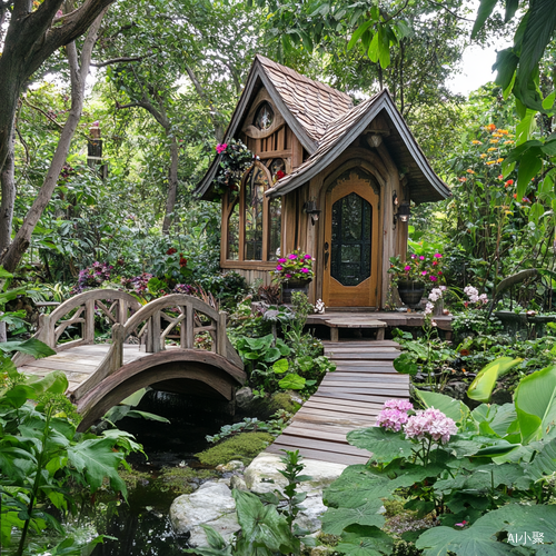 小木屋与流水相伴的绿植花卉风景