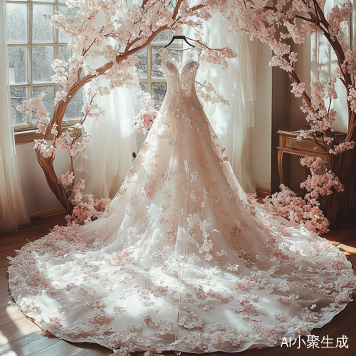 浪漫修身樱花粉婚纱设计