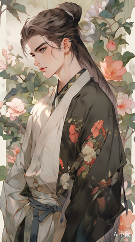 A handsome Miao lad, dressed in the distinctive men's clothing of the Miao ethnicity. The patterns on the clothing are exquisite and delicate. Presented in a thick-painted anime style, with firm and confident eyes, standing in a sea of blooming flowers.