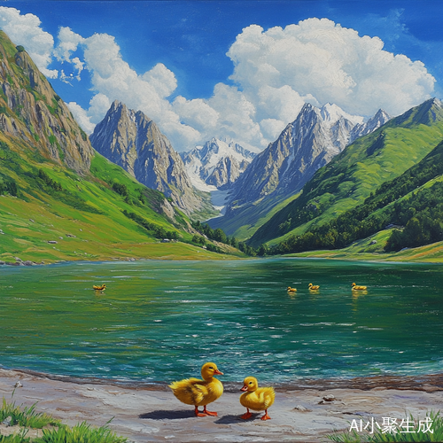 蓝天白云下的小鸭子与湖边的自然风光
