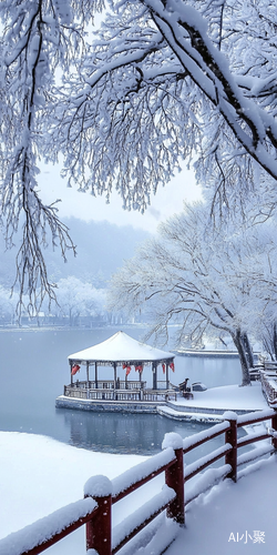 this picture depicts a serene and beautiful winter snow scene. the main elements include snow-covered trees, ground, buildings, fences, boats, and other facilities. trees: most of the trees are covered with heavy snow, and the branches are covered with white snowflakes, which appear white and heavy. ground: the ground is covered with a heavy layer of snow, which looks flat and smooth. buildings: there is a small pavilion or building in the distance, and the roof is also covered with snow, blending in with t