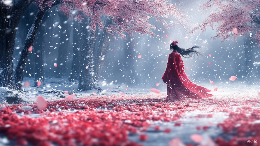 浪漫古风,,大远景,满地桃花树,远处一位红衣狐妖女子站在林中,披散着发,桃花花瓣伴随着雪花飞舞,动态焦点构图,古韵留白,精细的细节,陈家泠,炫彩光影，周围是宁静的雪景，晶莹剔透的雪花静静飘落。寂静冷漠孤寂雪地