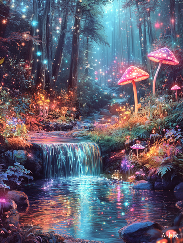 best quality,1girl,solo,fairy tale dream,fairy forest,glowing plants,rainbow mushroom,real water flow,clear river water,