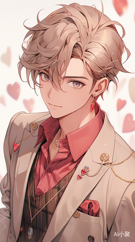 美少年偶像，(Heartthrob)，男性特征，((close up))，((magic realism))，laser candy paper color，(挑染短发)，layered hair，asymmetrical hair，suit jacket，clothing heart，minimalist detail，badge，modern design elements，slumped，casual and mix&match，Ear Studs，halo，Top light，Cold light，(彩带)，delicate features，人物肖像，面部特写。Skin whitening，小V脸，尖下巴，双眼皮，浅色眉毛，鲜艳的粉唇，((轻笑))，closed mouth，lipstick，细腻渲染，Light tracking，甜美，温柔，可爱，炫酷，bright，星光闪烁，明媚艳丽，((眼眸明亮gradient eyes))，Twinkling Stars ，(美瞳，Blue eye shadow)，细腻渲染，(((半厚涂， Impasto like Texture，立体的五官，逼真五官，邪魅