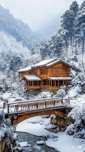 冬天大雪芬飞山中一间木屋，小桥，大高樹高清风景实景图