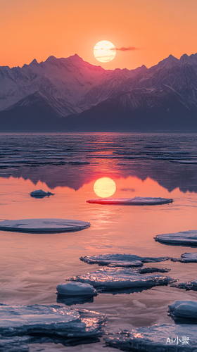 冬至日出湖面冰层与山峦的壮丽画卷