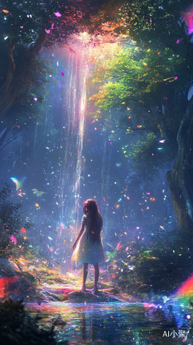 best quality,1girl,solo,fairy tale dream,fairy forest,glowing plants,rainbow mushroom,real water flow,clear river water,