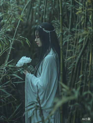 Elegant antique clothing, a beautiful woman with long black hair shawl, wearing light blue Hanfu, wearing white gauze and lace headband, holding peony flowers, standing in the bamboo forest, the soft light creates a mysterious atmosphere. Her posture is elegant, facial features delicate, gorgeous details exquisite. Her movements were light and graceful. This is a full-body, high-definition traditional Chinese photography style photo, taken from the side.