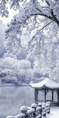 this picture depicts a serene and beautiful winter snow scene. the main elements include snow-covered trees, ground, buildings, fences, boats, and other facilities. trees: most of the trees are covered with heavy snow, and the branches are covered with white snowflakes, which appear white and heavy. ground: the ground is covered with a heavy layer of snow, which looks flat and smooth. buildings: there is a small pavilion or building in the distance, and the roof is also covered with snow, blending in with t