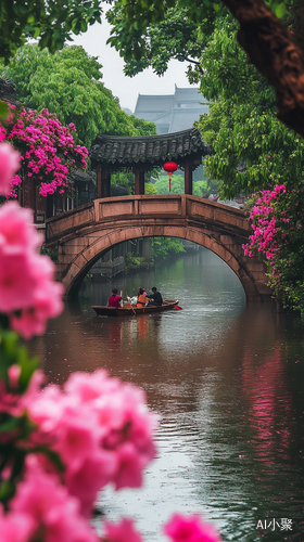 江南雨季花开小桥边的划船人