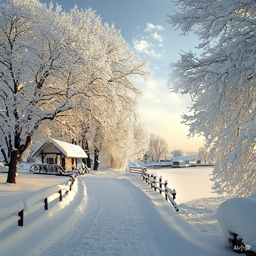 this picture depicts a serene and beautiful winter snow scene. the main elements include snow-covered trees, ground, buildings, fences, boats, and other facilities. trees: most of the trees are covered with heavy snow, and the branches are covered with white snowflakes, which appear white and heavy. ground: the ground is covered with a heavy layer of snow, which looks flat and smooth. buildings: there is a small pavilion or building in the distance, and the roof is also covered with snow, blending in with t