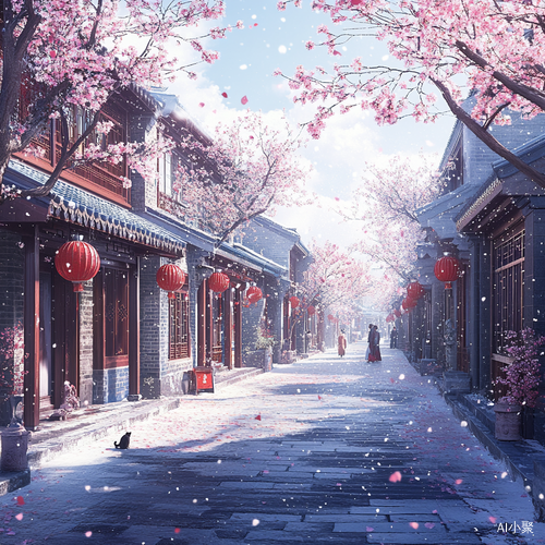 一个如诗如画的古风冬日雪景。一片传统的中式建筑群，建筑群错落有致，屋顶覆盖着蓝色的瓦片，建筑风格古朴典雅。街道两旁的树木开满了粉白色的樱花，花瓣随风飘落，营造出一种浪漫的氛围。街道上挂着小的红色的灯笼，增添了节日的气氛。地面上覆盖着一层积雪，远处的建筑和近处的房屋错落有致，形成了一幅和谐的画面。远处，可以看到2位行人，他们穿着传统的服饰，似乎在享受这个宁静的冬日。近处，一只小猫拍在屋檐下注意。远景，景深，丁达尔效应，超高清