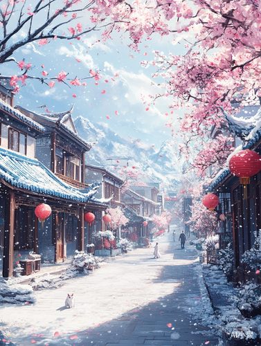 一个如诗如画的古风冬日雪景。一片传统的中式建筑群，建筑群错落有致，屋顶覆盖着蓝色的瓦片，建筑风格古朴典雅。街道两旁的树木开满了粉白色的樱花，花瓣随风飘落，营造出一种浪漫的氛围。街道上挂着小的红色的灯笼，增添了节日的气氛。地面上覆盖着一层积雪，远处的建筑和近处的房屋错落有致，形成了一幅和谐的画面。远处，可以看到2位行人，他们穿着传统的服饰，似乎在享受这个宁静的冬日。近处，一只小猫拍在屋檐下注意。远景，景深，丁达尔效应，超高清