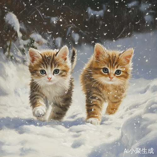 两只小猫在雪地上欢快漫步