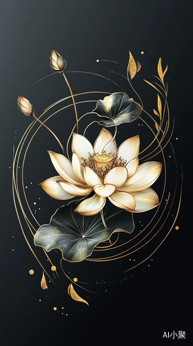 Black background, golden lines, a lotus flower and leaves in a circle, in the style of Chinese art. v 6.0