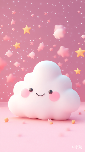 A cute cloud and star illustration with a soft pink background, surrounded by stars in a cartoon style, 3D rendering, simple design, a cute shape, a cute expression, a smiley face, soft light and shadow, a pink color tone, cute decoration, and a cute mobile phone wallpaper. v 6.0