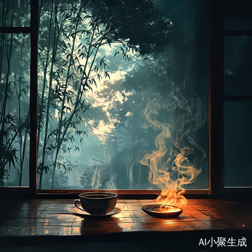 沉香轻燃下的茶香与竹影交错的静谧时光