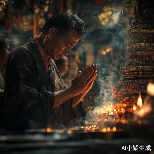 古老寺庙中沉香烛光下信徒的虔诚祈祷