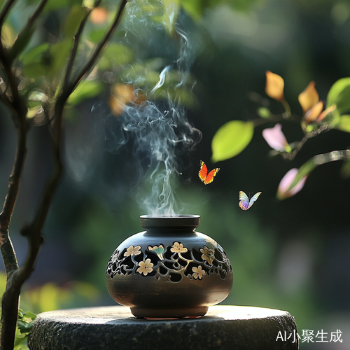 禅意花园中的沉香炉与花香交织的心灵升华