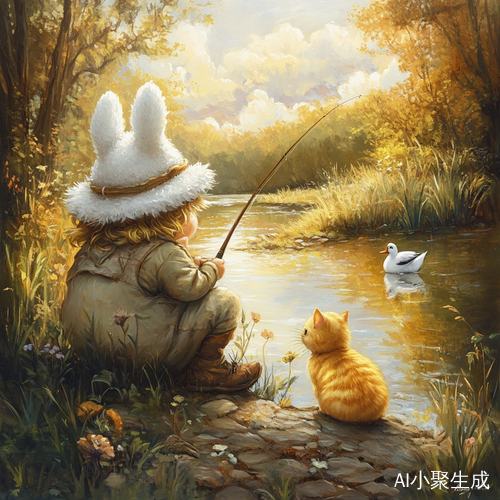 胖乎乎小精灵与金黄懒猫的阳光钓鱼时光