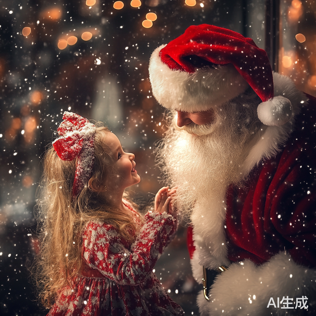 小女孩与圣诞老人共同庆祝圣诞节的温馨时刻