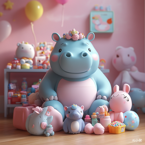 Cute Hippo Toy in Colorful Candy Hospital Room Scene