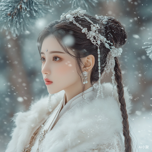 A beautiful woman wearing a white hanfu and a cape with embroidered fur, with two braids on her head, was filmed in the snow outdoors. She wore silver earrings and a necklace adorned with pearl ornaments, wearing them on her ears and neck, and had a delicate make-up look. In the background is the ancient temple surrounded by pines covered with thick ice crystals. This photo shows high-definition photography, professional color grading, soft light, high resolution, ultra-fine section and cinematic feeling.