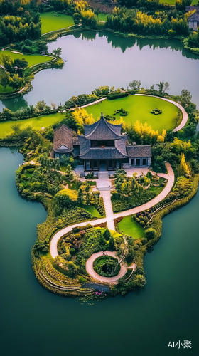 湖中间一座中式四合院，田地，小径，鲜花，户外，绿色背景，高清摄影，宁静