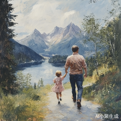 爸爸和女儿在公园漫步享受自然风光