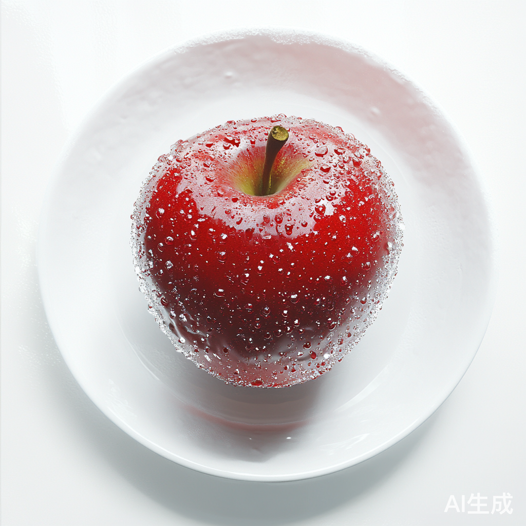 晶莹剔透的红色苹果在白色陶瓷盘上的梦幻画面