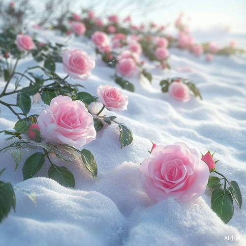 on the endless snow, there are more than 1, 000 pink roses floating, as well as green branches and leaves, crystal clear, clear, bright white snow has nothing on it, clean and thorough from near to far, ground head-up perspective, real picture, super high definition ar 9:16 v 6