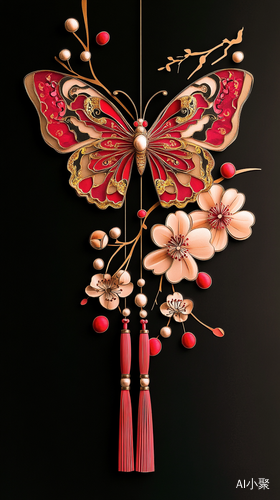 Three-dimensional paper-cut art depicts a Chinese butterfly with red and gold pink wings and a plum blossom. Pearls are hung on the body and tassels, creating a Chinese New Year theme. Tiled composition, detailed cutout design, minimalist style, high resolution, no shadows. ar 9:16 v 6.0