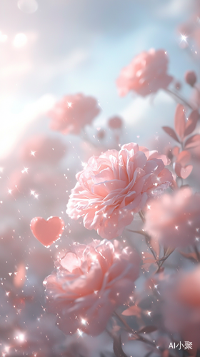 Lovely pink roses and hearts, light white clouds, twinkling stars, white background, pink color scheme, dreamlike style heart element moving wallpaper. Soft colors, a dreamy atmosphere, and sparkling crystal details dot the entire scene. The roses glistened in the soft light, creating an elegant atmosphere. Hd photography, exquisite texture, exquisite composition.ar 9:16 v 6.0