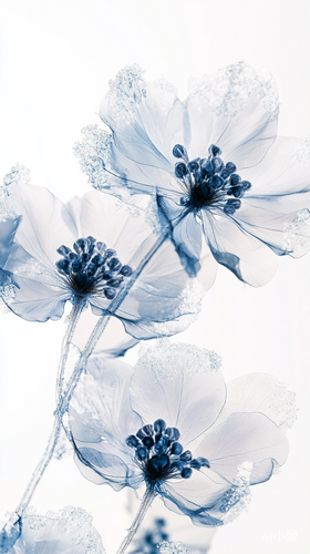 X-ray flowers with crystalline frost patterns, ice crystal formations, delicate snowflakes, frozen transparency, winter botanical study, absolute zero temperature effect, pristine white background ar 9:16 quality 2 profile uxzdzgk stylize 1000 v 6.1