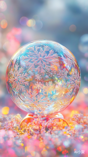 Colorful embroidered ball wallpaper, snowflakes and flowers, abstract art, exaggeration, realism, super detailed rendering style, romantic soft focus and ethereal light, digital art techniques, ethereal illustrations