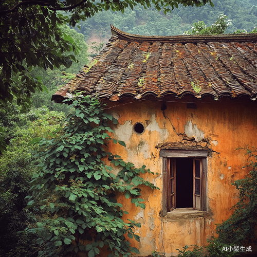 南方农村土坯房与绿色植物的自然风光