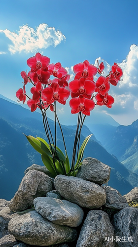 Heart Shaped Orchid Photography with Green Mountains and Blue Sky