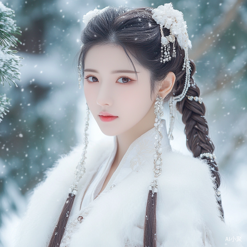 Snowy Scene of Woman in Elegant Hanfu at Ancient Temple