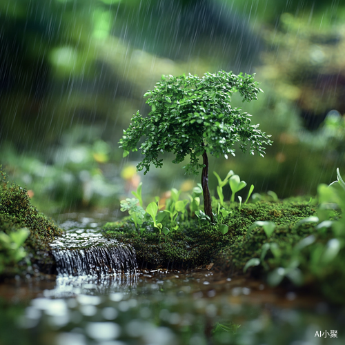 在绿色的树林间下着小雨，涓涓流水。