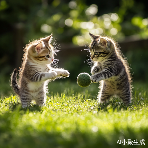 两只小猫在草地上快乐打球