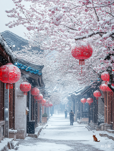 一个如诗如画的古风冬日雪景。一片传统的中式建筑群，建筑群错落有致，屋顶覆盖着蓝色的瓦片，建筑风格古朴典雅。街道两旁的树木开满了粉白色的樱花，花瓣随风飘落，营造出一种浪漫的氛围。街道上挂着小的红色的灯笼，增添了节日的气氛。地面上覆盖着一层积雪，远处的建筑和近处的房屋错落有致，形成了一幅和谐的画面。远处，可以看到2位行人，他们穿着传统的服饰，似乎在享受这个宁静的冬日。近处，一只小猫拍在屋檐下注意。远景，景深，丁达尔效应，超高清