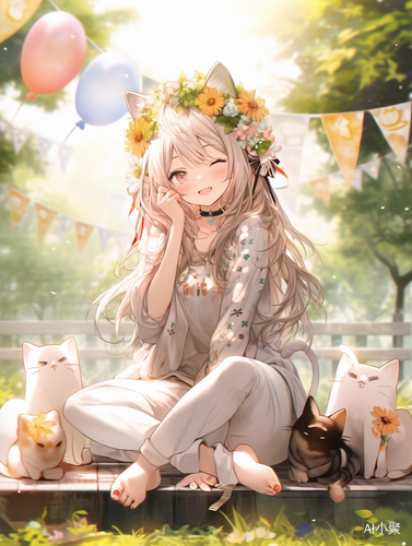 1 girl, moyou，cat ear , lace shirt , like Lin Chi - ling , printing Yoga pants , Summer style , Wearing a wreath hairpin , Transparent shawl , All kinds of clothes , light smile ,garden Background , Cover model。