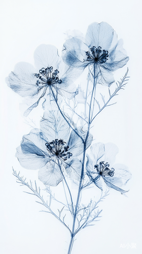 X-ray flowers with crystalline frost patterns, ice crystal formations, delicate snowflakes, frozen transparency, winter botanical study, absolute zero temperature effect, pristine white background ar 9:16 quality 2 profile uxzdzgk stylize 1000 v 6.1