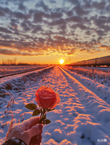 a photo of a hand holding a rose in a snow-covered field, with a beam of light shining on it and a sunset sky in the background. a train is passing by in the distance. the image was captured using an iphone camera and posted to reddit in 2018.